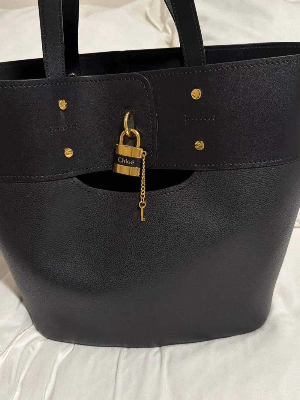 Chloé Black Leather Tote with Gold Padlock Accent - Picture 2 of 7